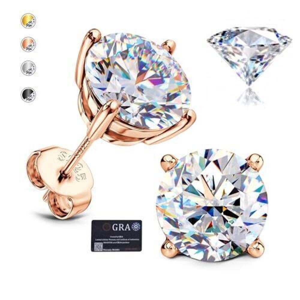 2158 Moissanite Earrings Studs : 18K Rose Gold Plated 925 Sterling Silver - Picture 1 of 7